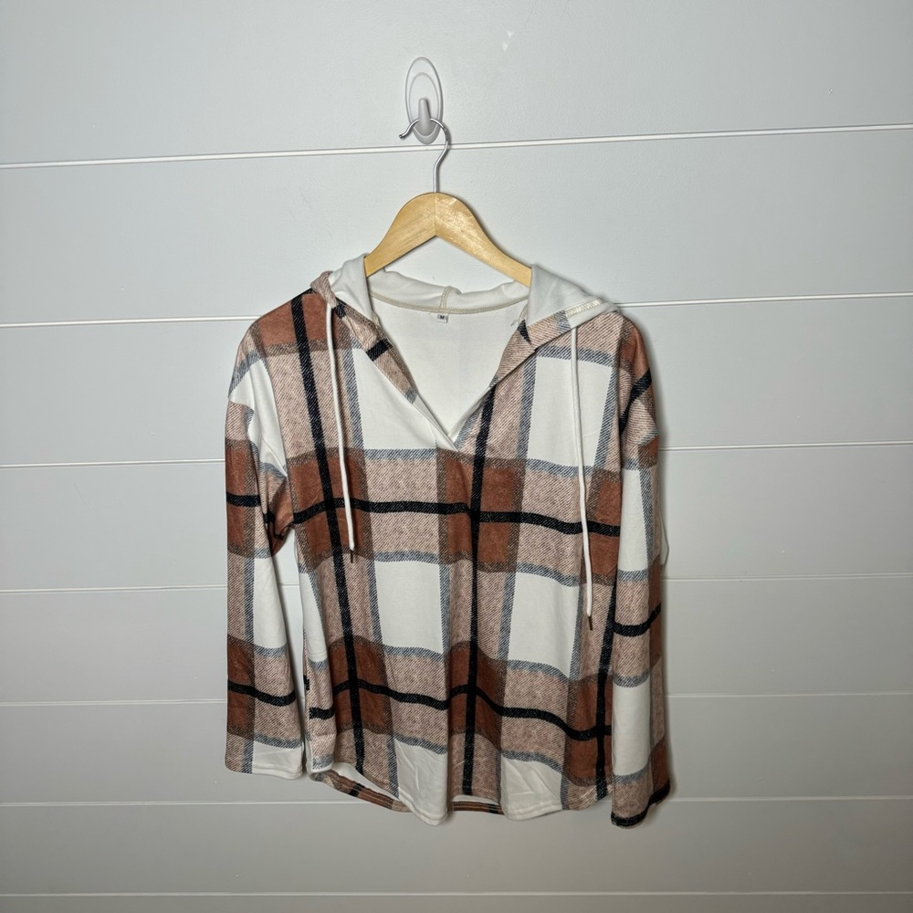 Plaid Hooded Women's Top - Brown and White